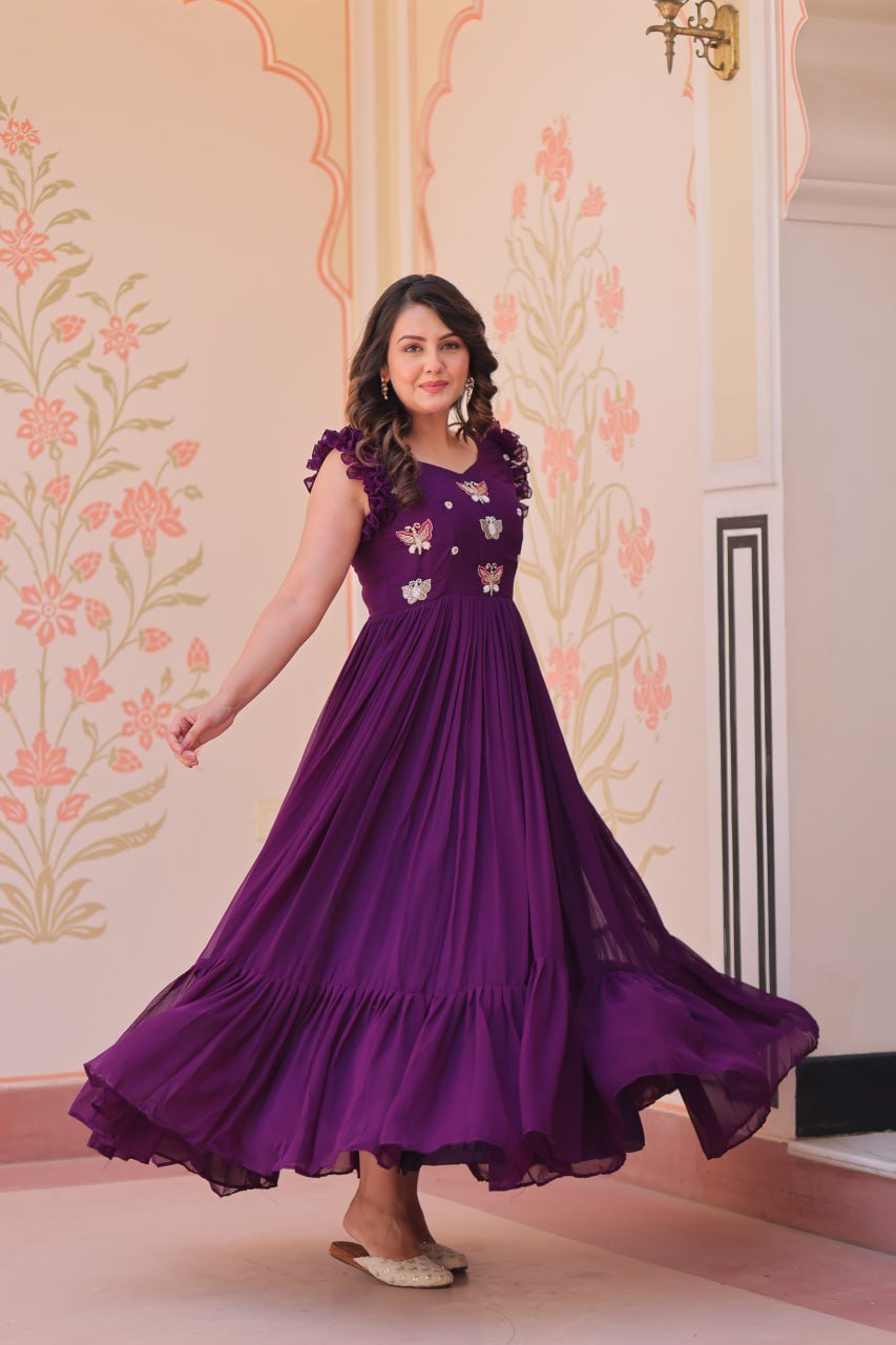 Women's Elegant Plum Purple Georgette Anarkali Gown with Butterfly Applique & Ruffle Sleeves – Festive & Special Occasion Wear - Image 16